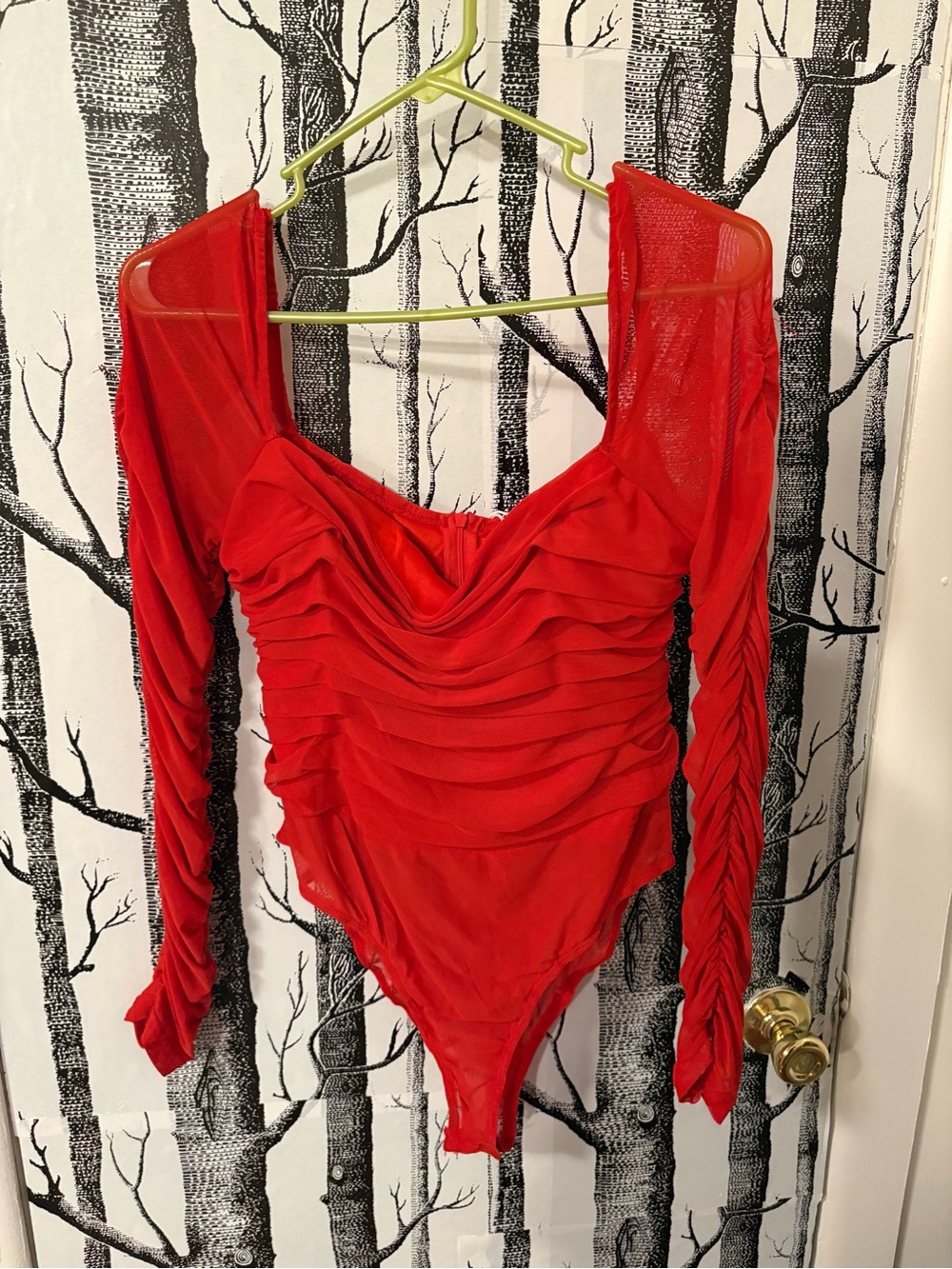 Princess Polly Red Mesh Bodysuit with Ruched Detail